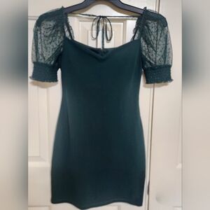 Xtraordinary Dark Teal Mini Dress with Sheer Swiss Dot Sleeves